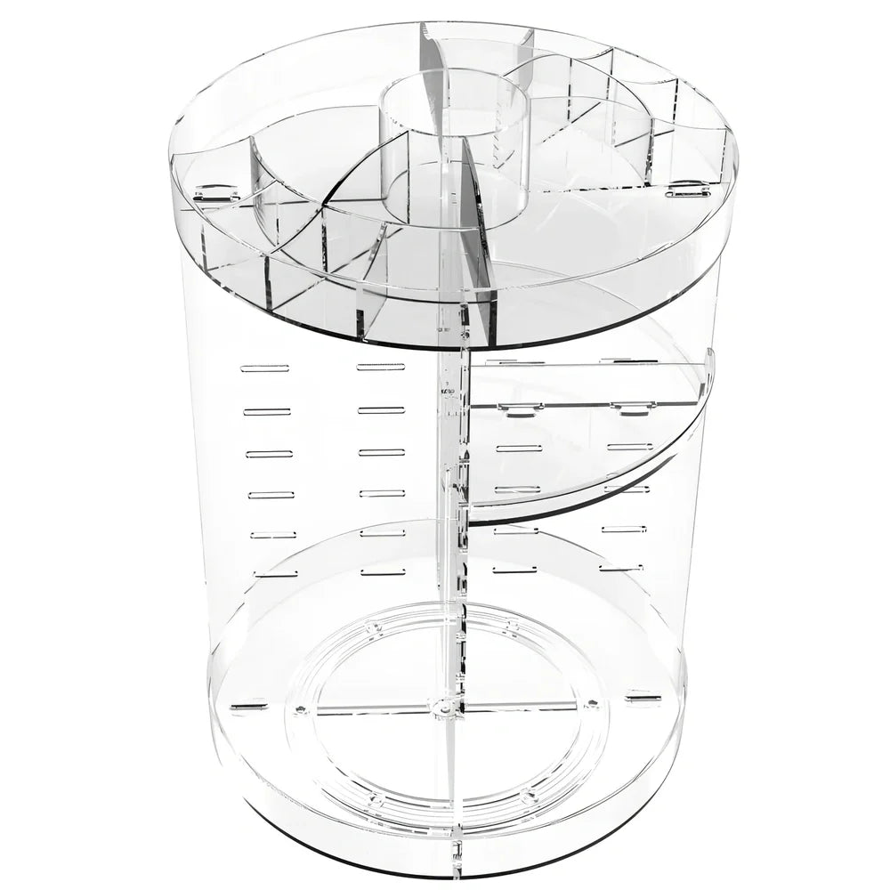 Transparent rotating cosmetics storage rack with skincare bottles organised on 360-degree rotating mechanism