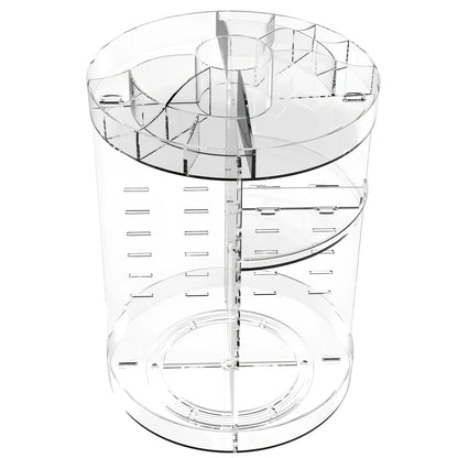 Transparent rotating cosmetics storage rack with skincare bottles organised on 360-degree rotating mechanism