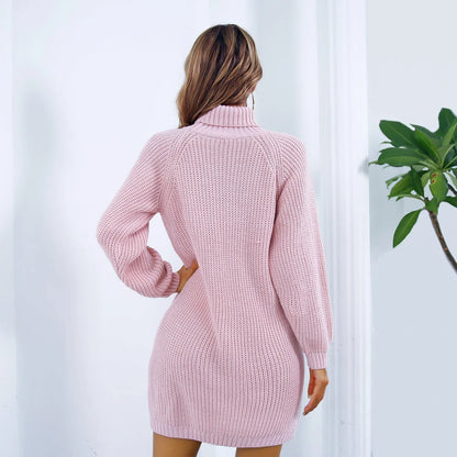 Stylish turtleneck sweater dress with button accent in white, pink, and army green colors