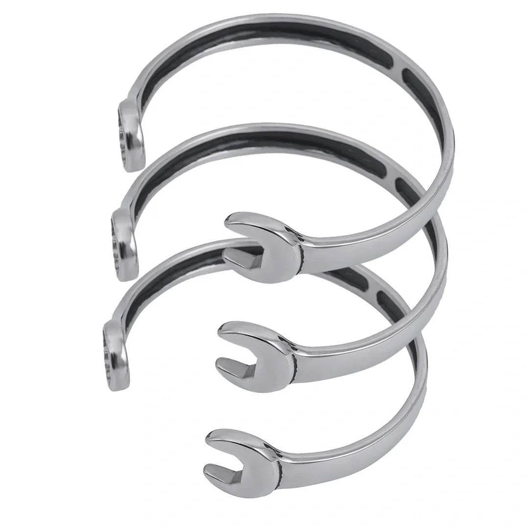 Sleek stainless steel personalized wrench bracelet with adjustable clasp, showcasing industrial-chic style