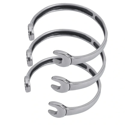 Sleek stainless steel personalized wrench bracelet with adjustable clasp, showcasing industrial-chic style