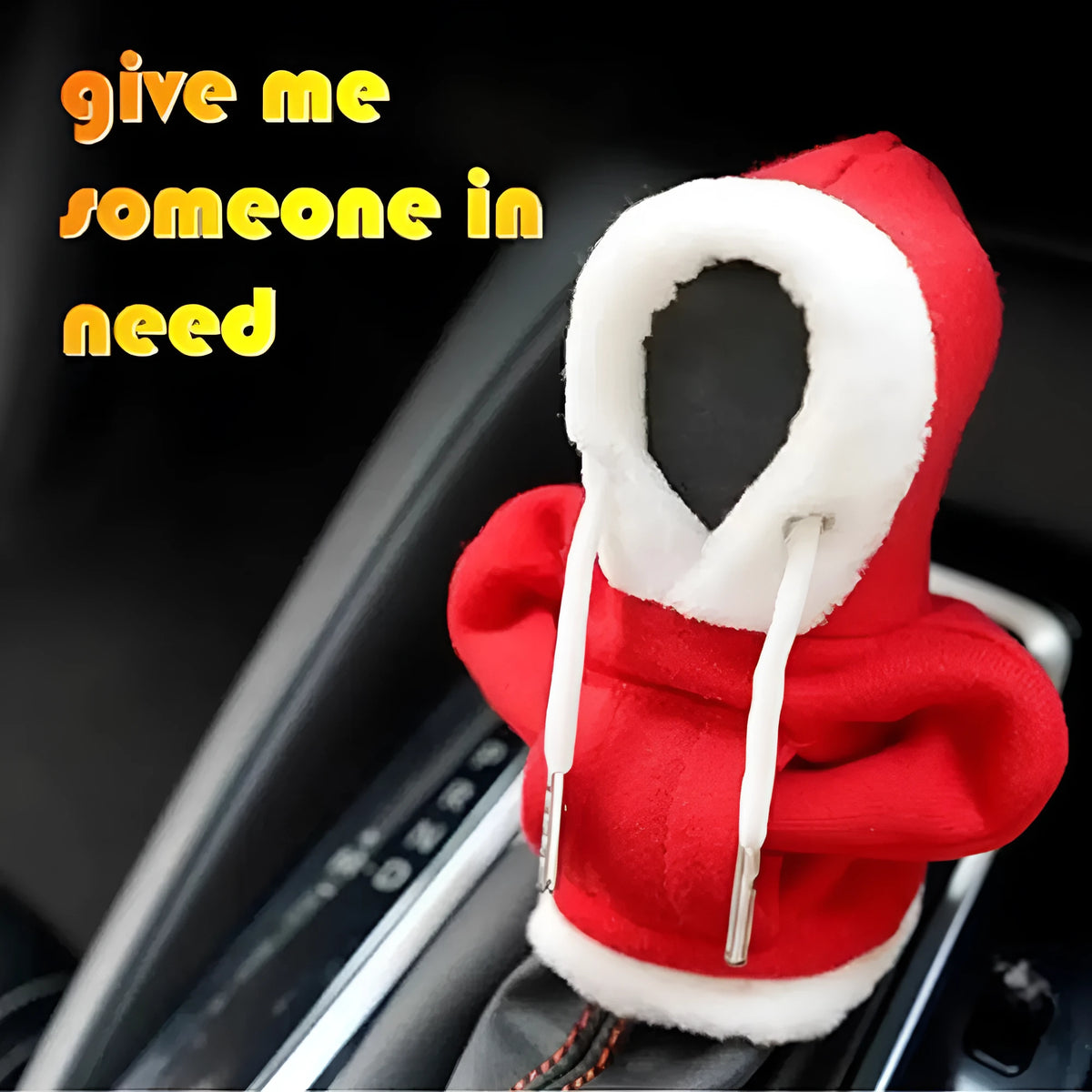 Polyester car gear lever hooded cover in red and white hat design, dimensions 12x13 cm.