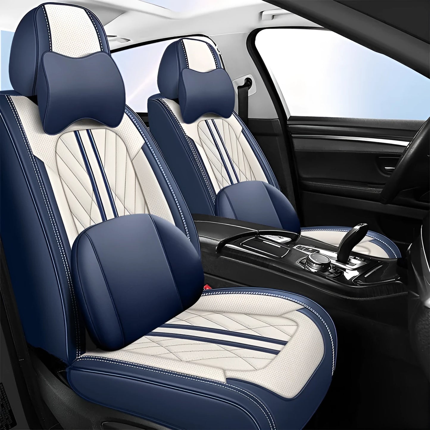 Five-seat leather car cushion set in multiple colour options with hemmed edges