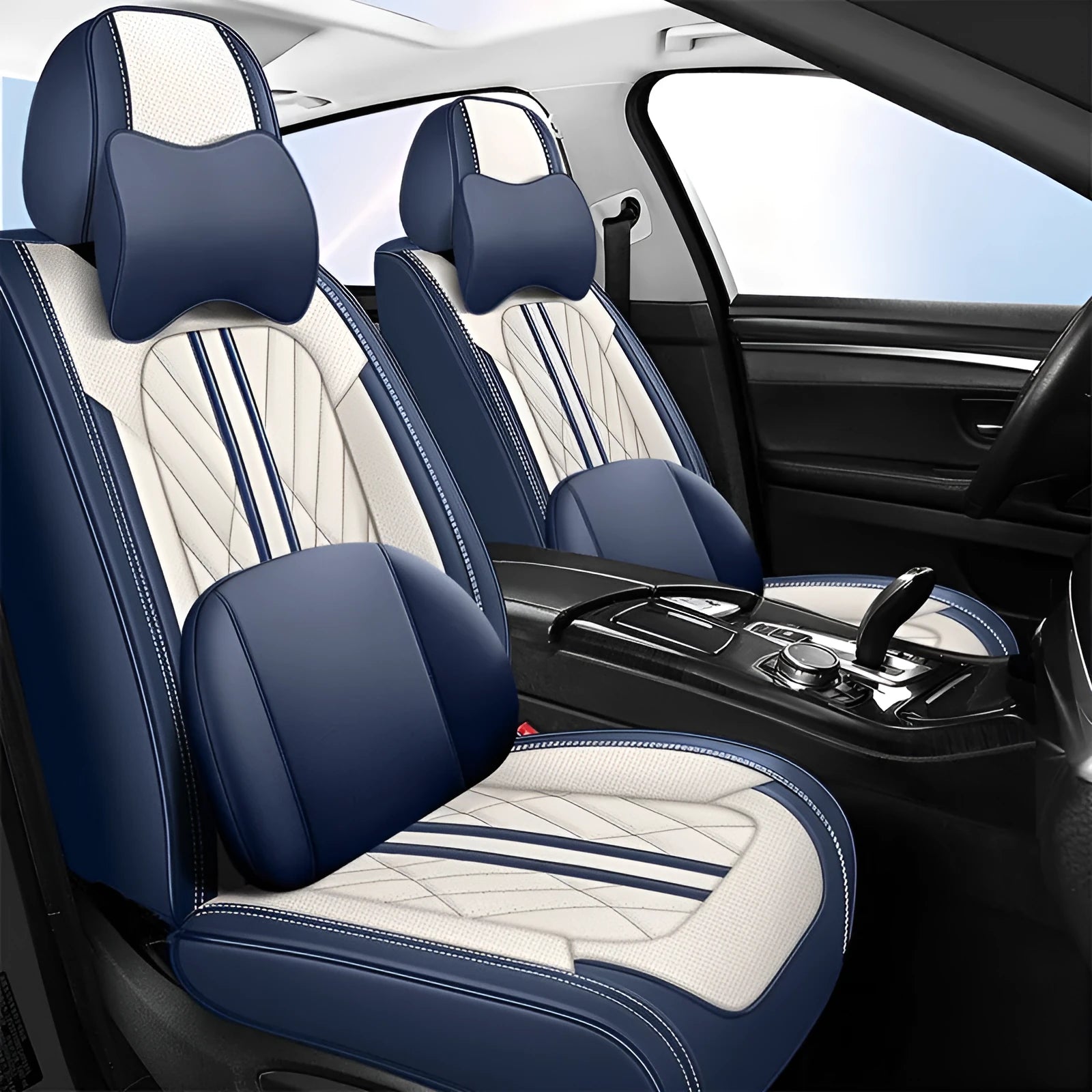 Five-seat leather car cushion set in multiple colour options with hemmed edges