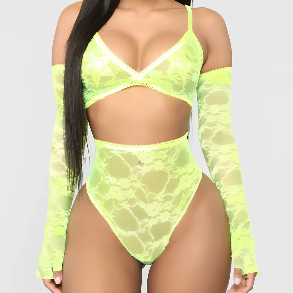 Women's fluorescent green three-point strap lingerie set with adjustable straps