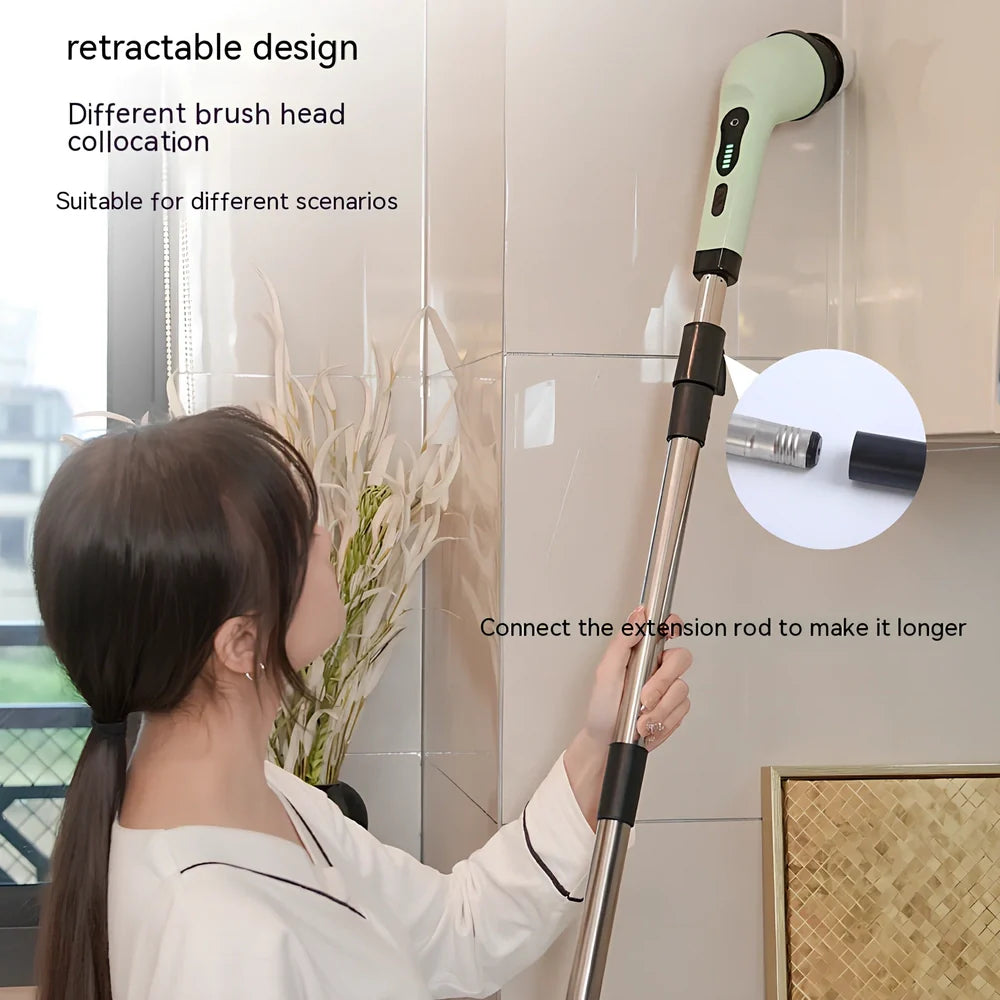 Handheld electric cleaning brush with rotating heads in white or green colours