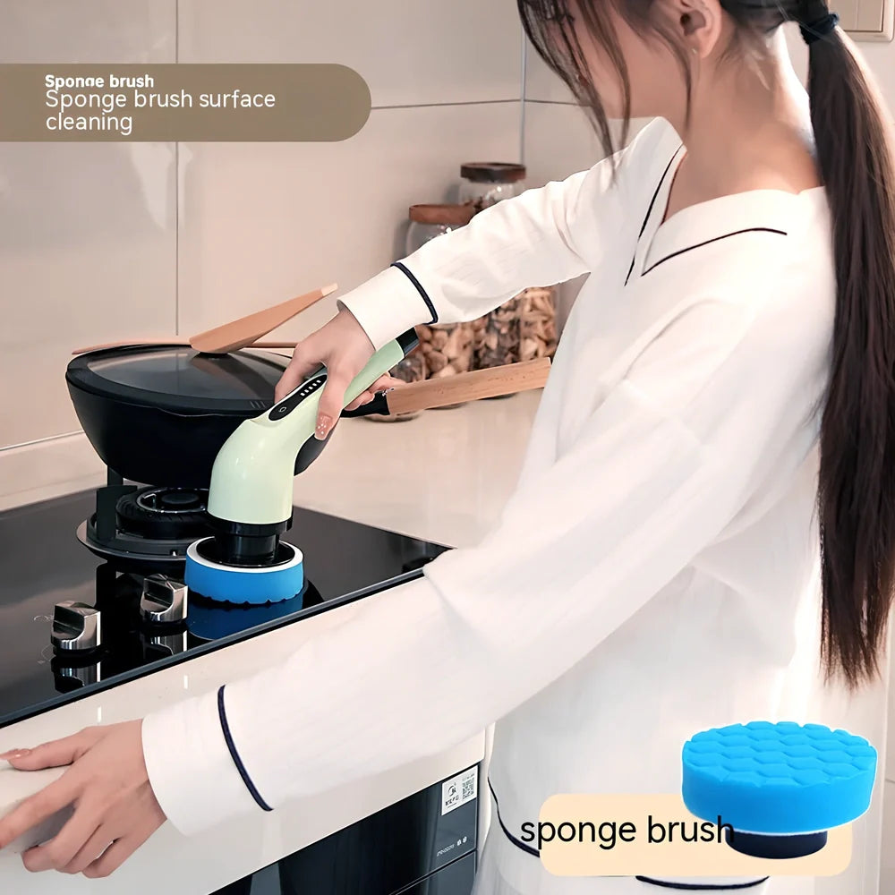 Handheld electric cleaning brush with rotating heads in white or green colours