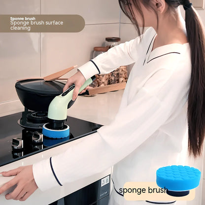 Handheld electric cleaning brush with rotating heads in white or green colours