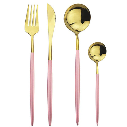 24-piece stainless steel cutlery set with mirror-polished finish showing six place settings in gold colour