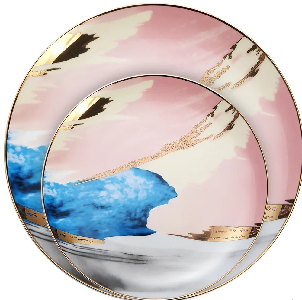 Watercolor dessert plates set in pink with 26.5 cm diameter, 45% bone china, real gold edges on handmade porcelain