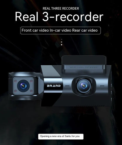 Black car dash camera with 5-inch screen on a windscreen mounting bracket.