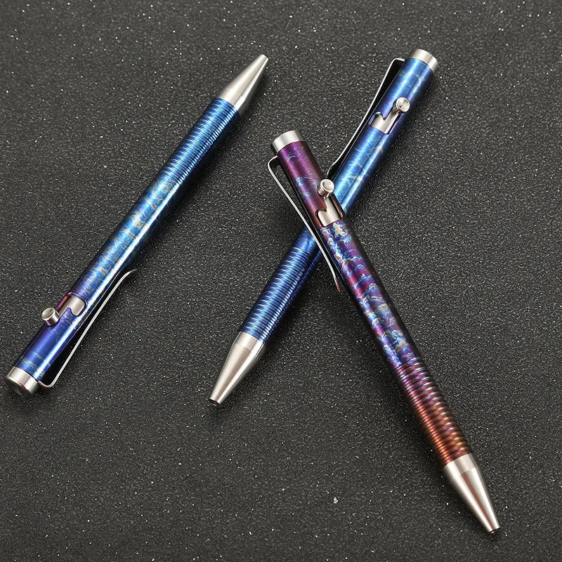 Titanium alloy gun bolt handle ballpoint pen in phantom colour showing 122mm length