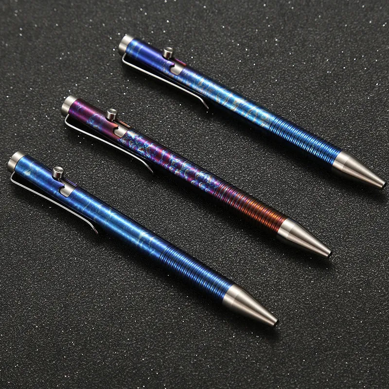 Titanium alloy gun bolt handle ballpoint pen in phantom colour showing 122mm length