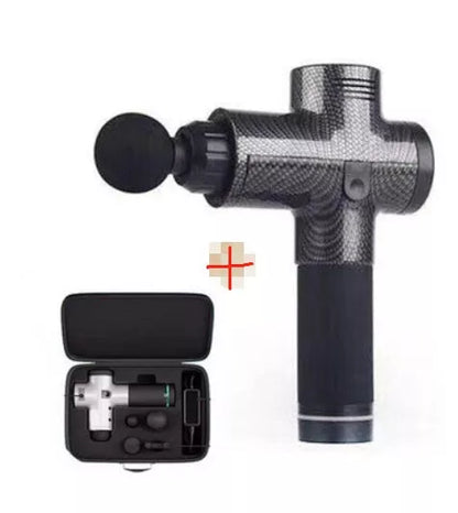 Relax Tissue Deep Muscle Massage Gun with 4 interchangeable heads on a white background