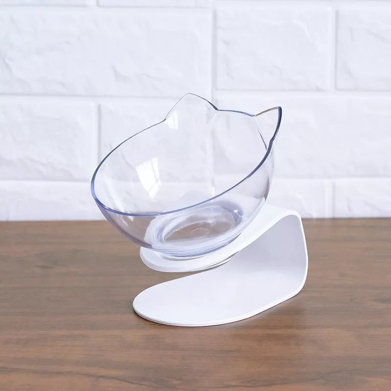 Double bowl cat food bowl with 15° tilt for cervical protection, transparent design with cute cat face