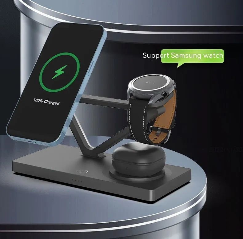 Wireless charging station with magnetic phone bracket, circular charging base and watch dock in black or white
