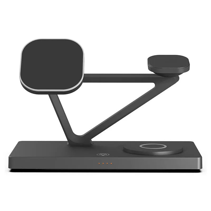 Wireless charging station with magnetic phone bracket, circular charging base and watch dock in black or white