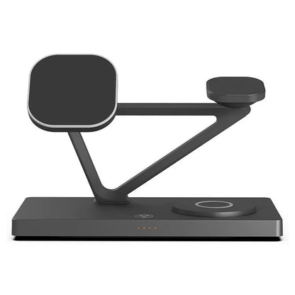 Wireless charging station with magnetic phone bracket, circular charging base and watch dock in black or white