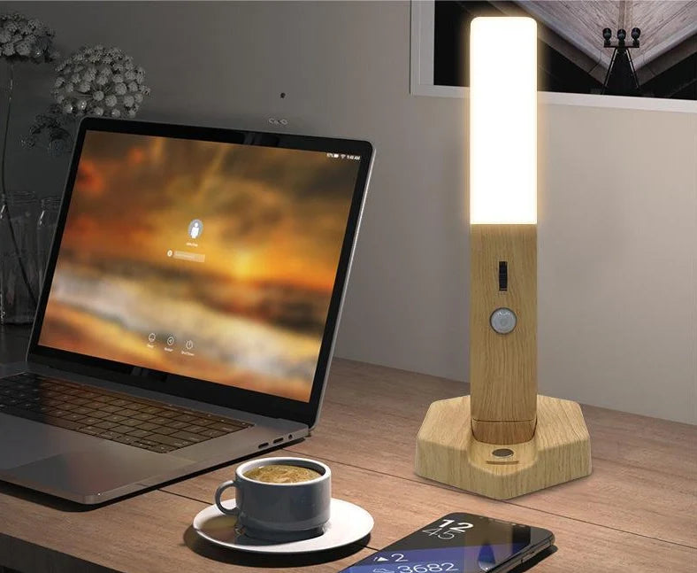 Geometric wooden night lamp measuring 20cm long with LED induction lighting and Nordic design