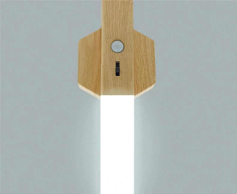 Geometric wooden night lamp measuring 20cm long with LED induction lighting and Nordic design