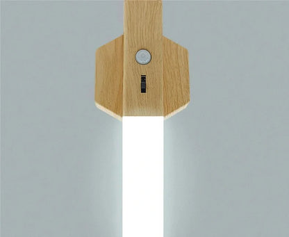 Geometric wooden night lamp measuring 20cm long with LED induction lighting and Nordic design