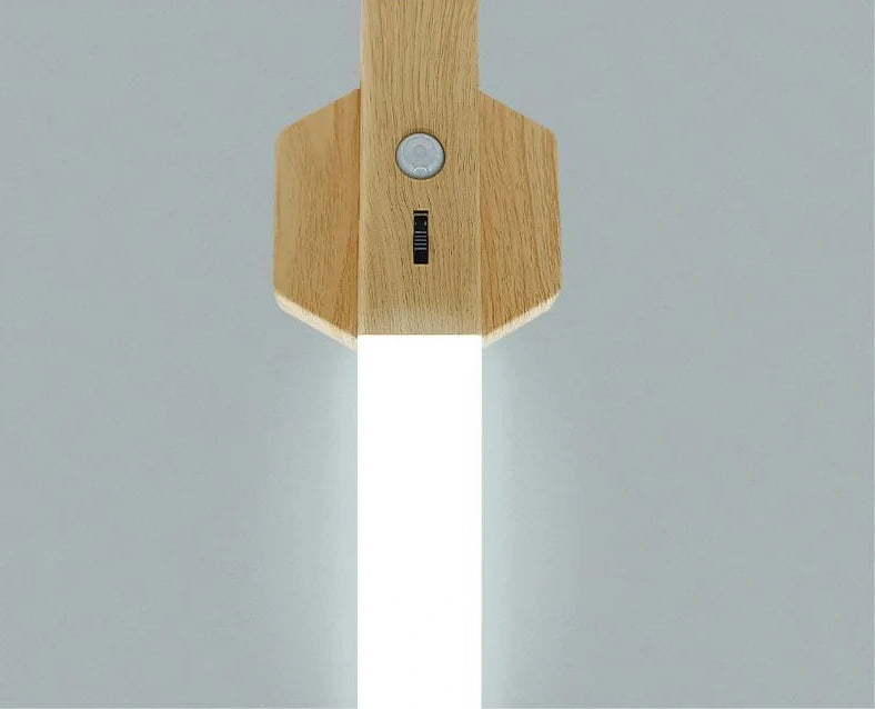 Geometric wooden night lamp measuring 20cm long with LED induction lighting and Nordic design