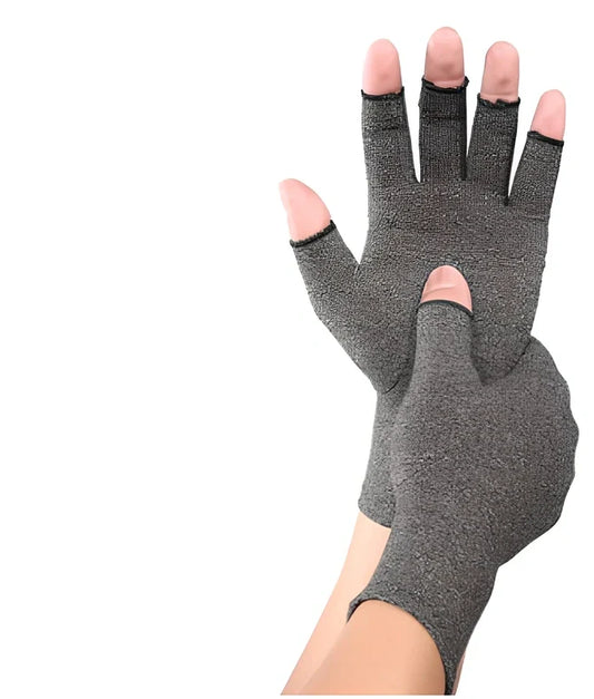 Breathable half-finger compression gloves showing exposed fingertips and adhesive grey section for joint support