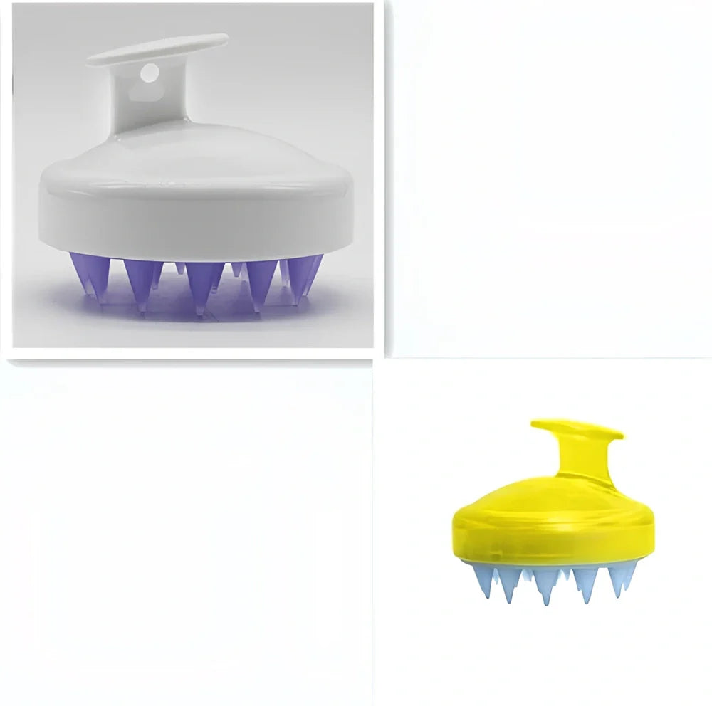 Black silicone shampoo brush with hook design measuring 8x8x7cm for scalp massage during hair washing