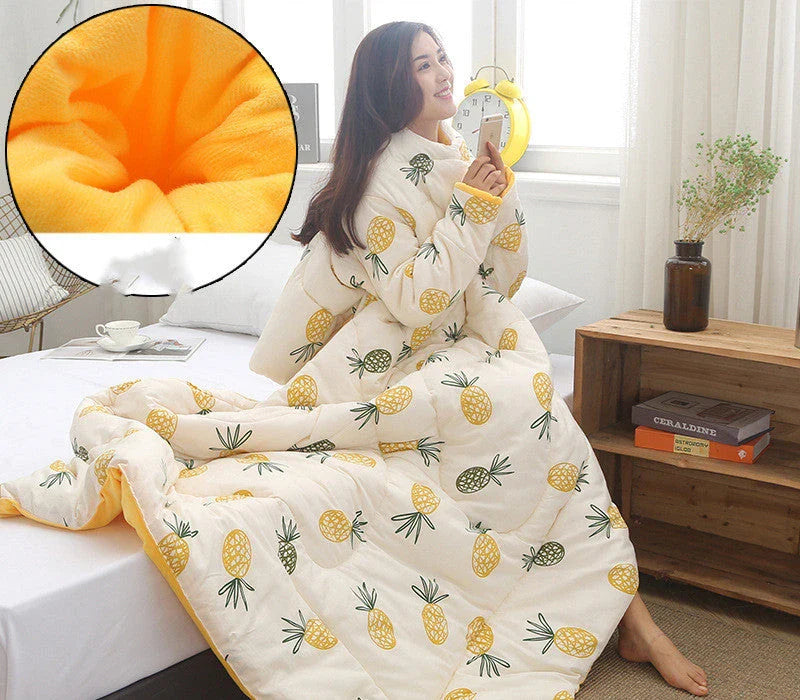 Cozy fleece blanket with sleeves in various colors, perfect for relaxing and enjoying indoor activities