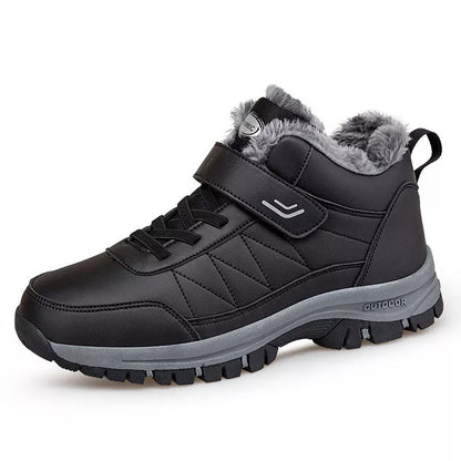 Men's high-top fleece-lined winter hiking shoes in black, gray, and red