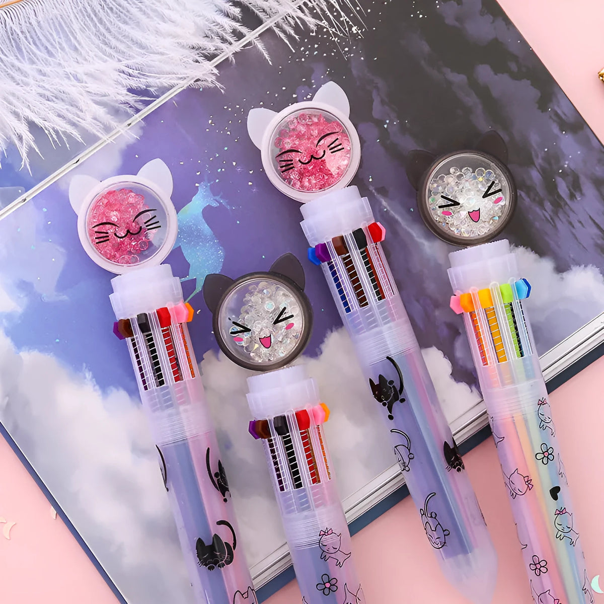 0.5mm ten-colour push pen with cute cat design showing 15cm length