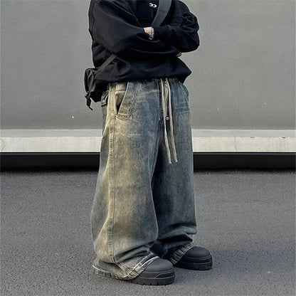 Men's retro washed gradient jeans, straight-leg cotton denim, sizes M to 3XL