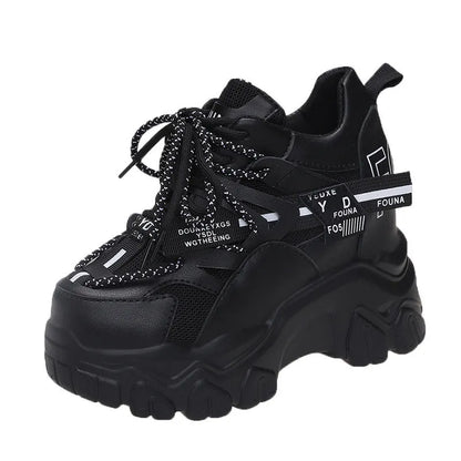 Women's white breathable mesh platform sports shoes with cross-strap detail and rubber sole