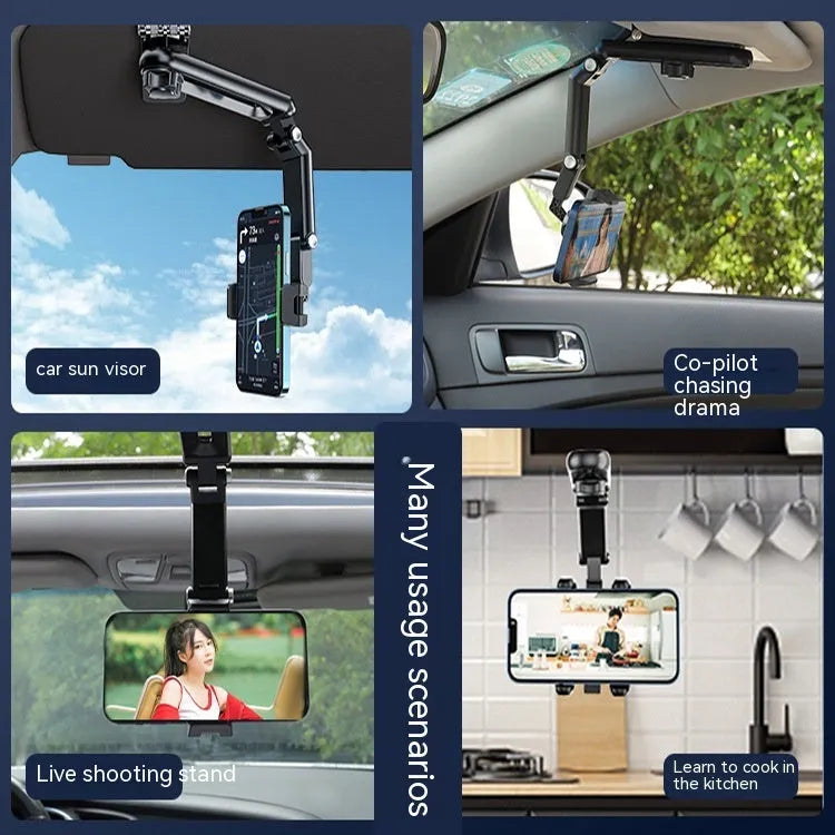 Grey and green car phone bracket with adjustable clip mounted on a car dashboard