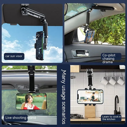 Grey and green car phone bracket with adjustable clip mounted on a car dashboard