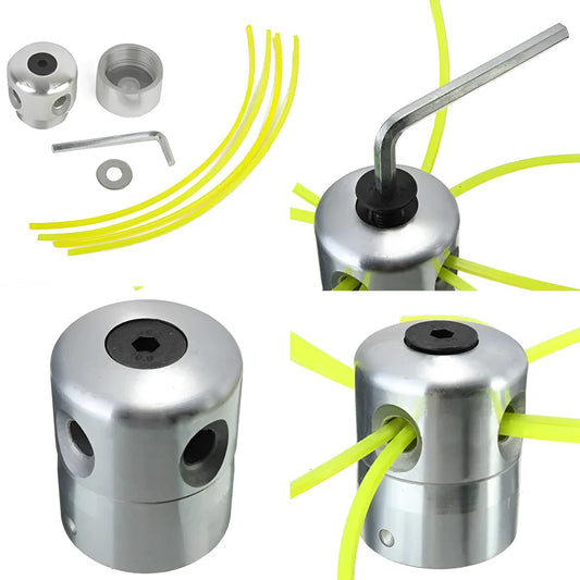 Aluminium silver lawn mower grass trimmer head accessory with four light yellow square ropes