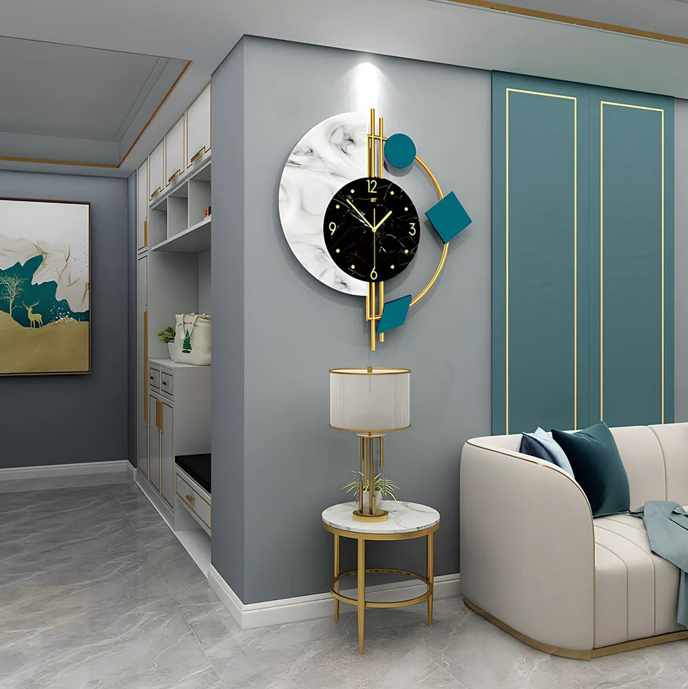 Rectangular metal quartz wall clock measuring 48cm wide by 56cm high with silent movement