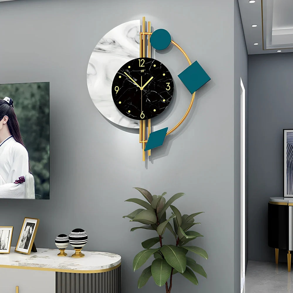 Rectangular metal quartz wall clock measuring 48cm wide by 56cm high with silent movement