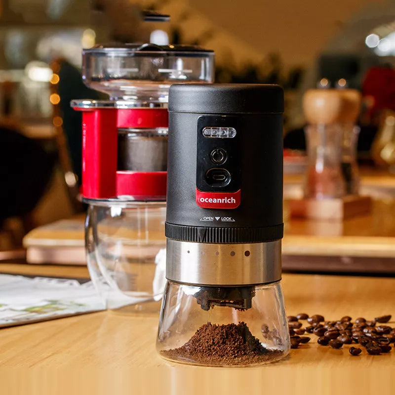Portable hand crank coffee bean grinder with modern design and adjustable settings