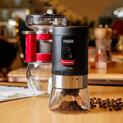 Portable hand crank coffee bean grinder with modern design and adjustable settings