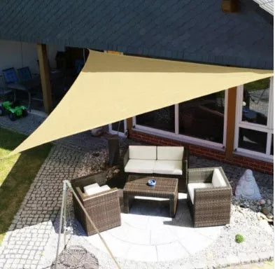 Triangle outdoor sunshade canopy in sand yellow and gray, sizes 300x300cm and 360x360cm