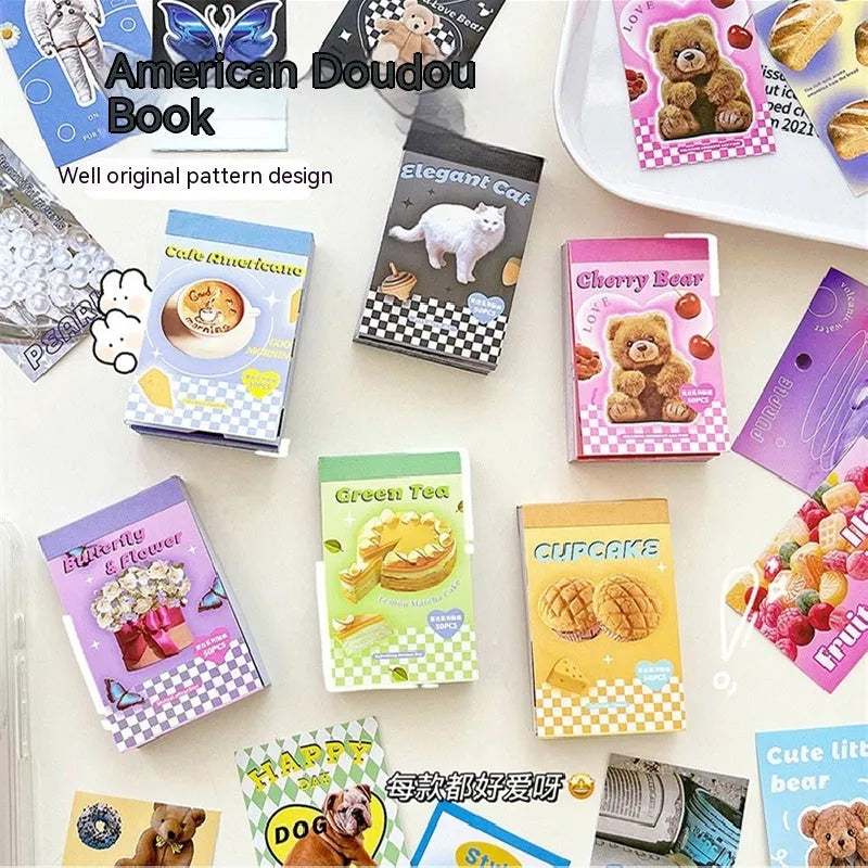 American retro journal sticker book with 50 sheets of 4x6cm cartoon designs on copper board paper