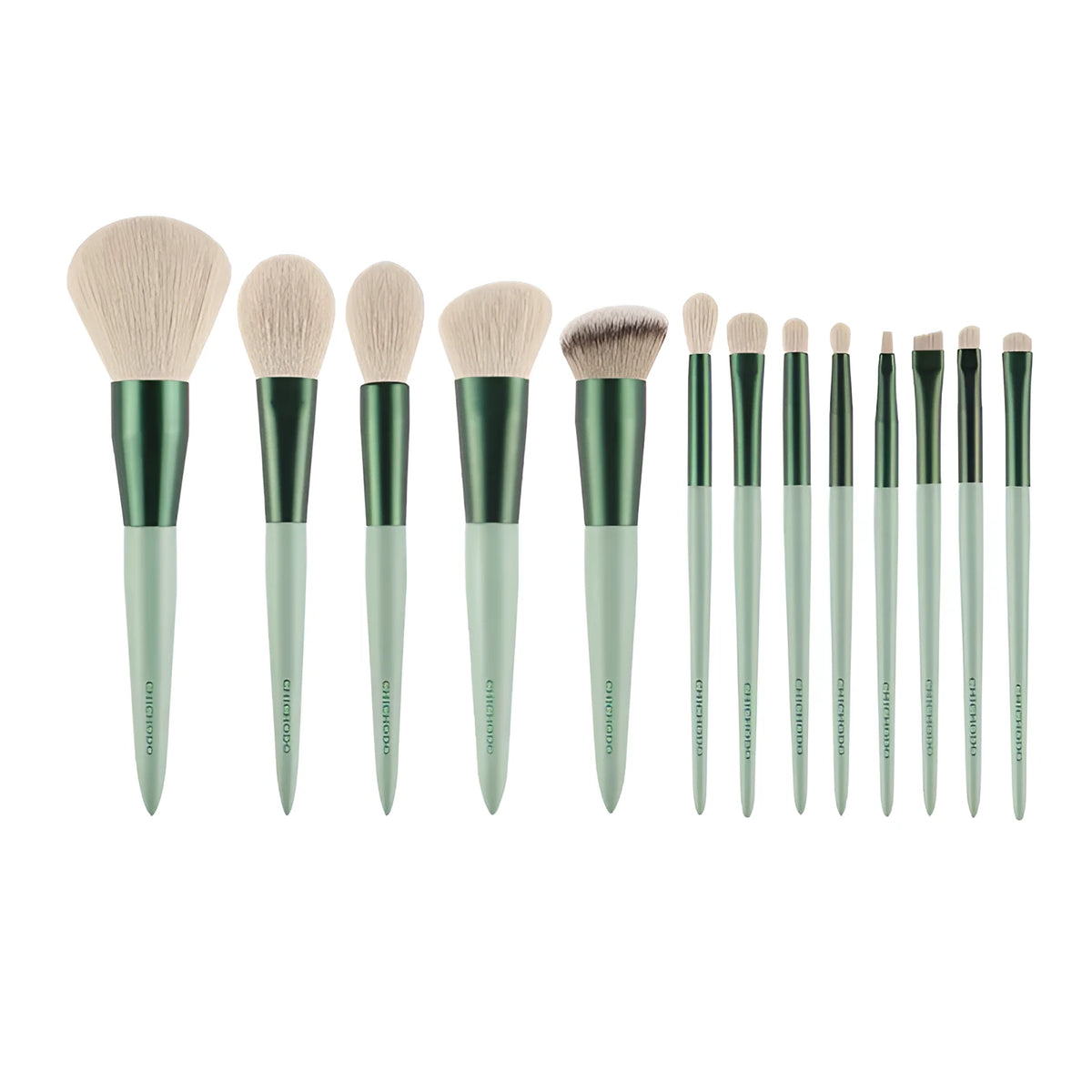 Green 13-piece makeup brush set with fibre wool bristles, metal aluminium ferrules and solid wood handles