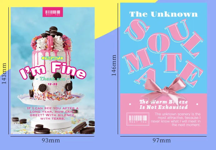 Two A5-sized postcard designs: 'Time Not Arrived' and 'Warm Wind Not Exhausted' on cardstock.