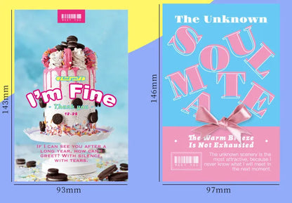 Two A5-sized postcard designs: 'Time Not Arrived' and 'Warm Wind Not Exhausted' on cardstock.