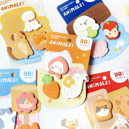Small animal shaped sticky note set with 90 pages, showing six colourful cover options including bunnies, kittens, and otters