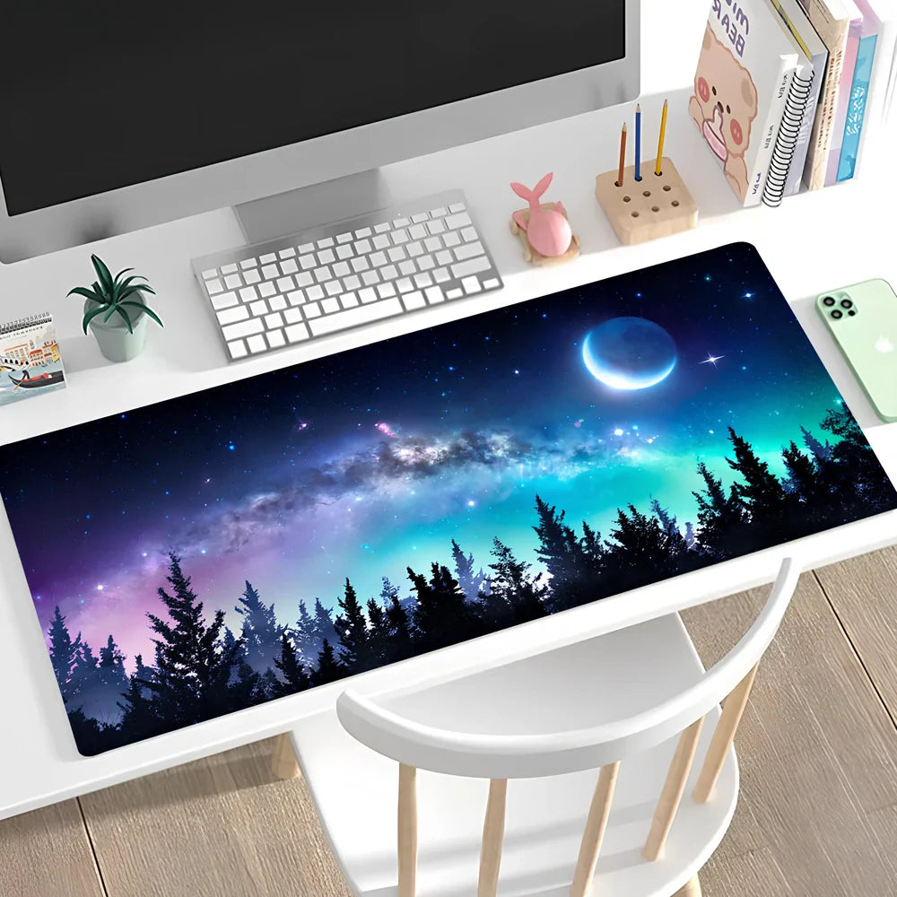 Large non-slip mouse pad with lock edge in Cherry Blossom Tower design, 900x400x4mm natural rubber base for desk stability