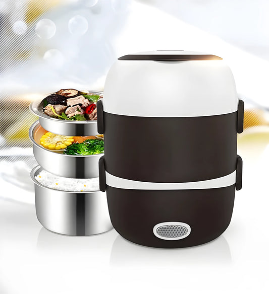USB-powered electric lunch box showing two-layer and three-layer capacity options for portable food heating