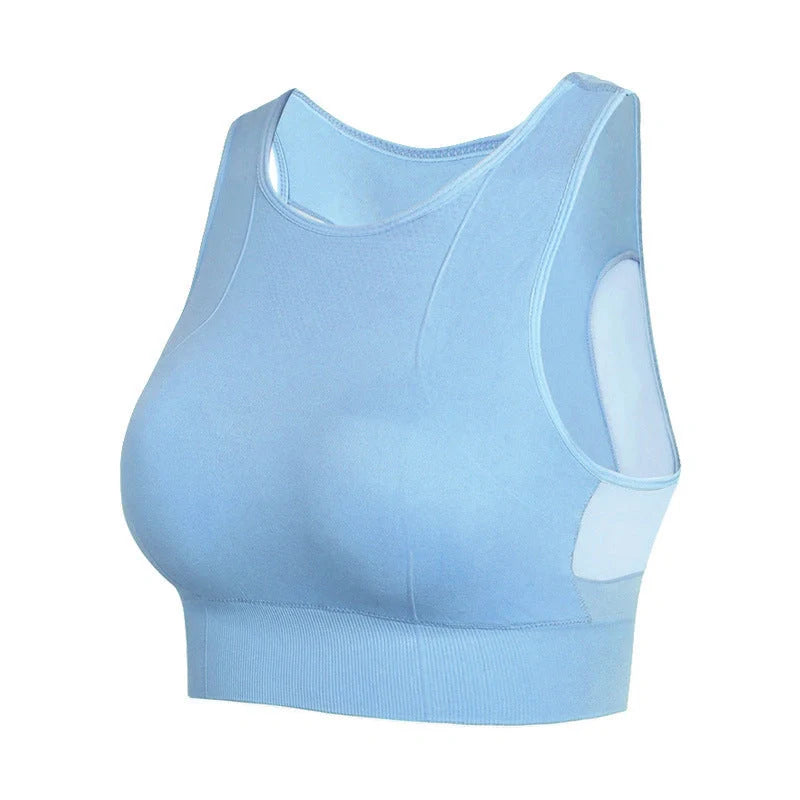 Seamless wireless sports bra with breathable mesh back for superior comfort and performance during workouts