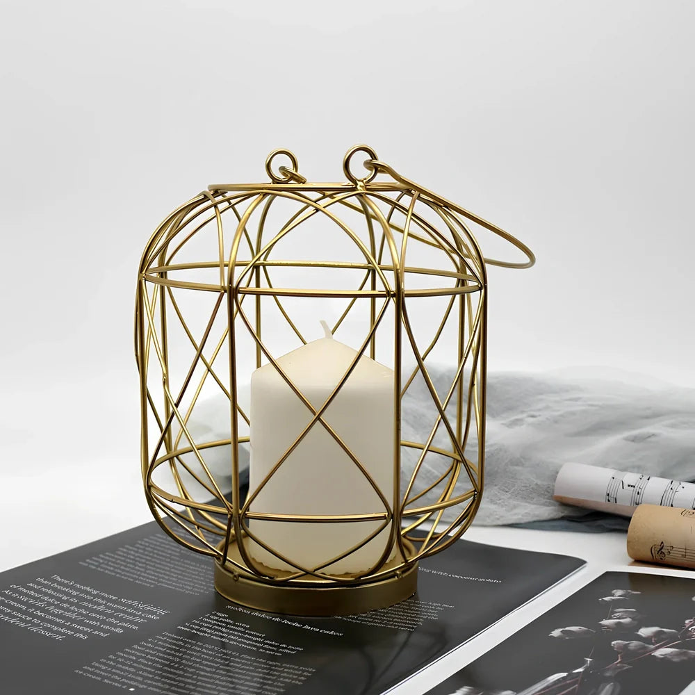 Geometric European style iron candlestick holder in gold or black, 20-21cm tall with baked paint finish